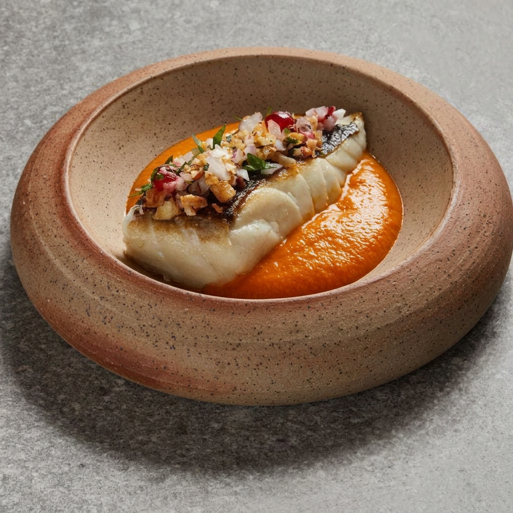 Pan-seared fish fillet over romesco sauce in a thick stoneware bowl