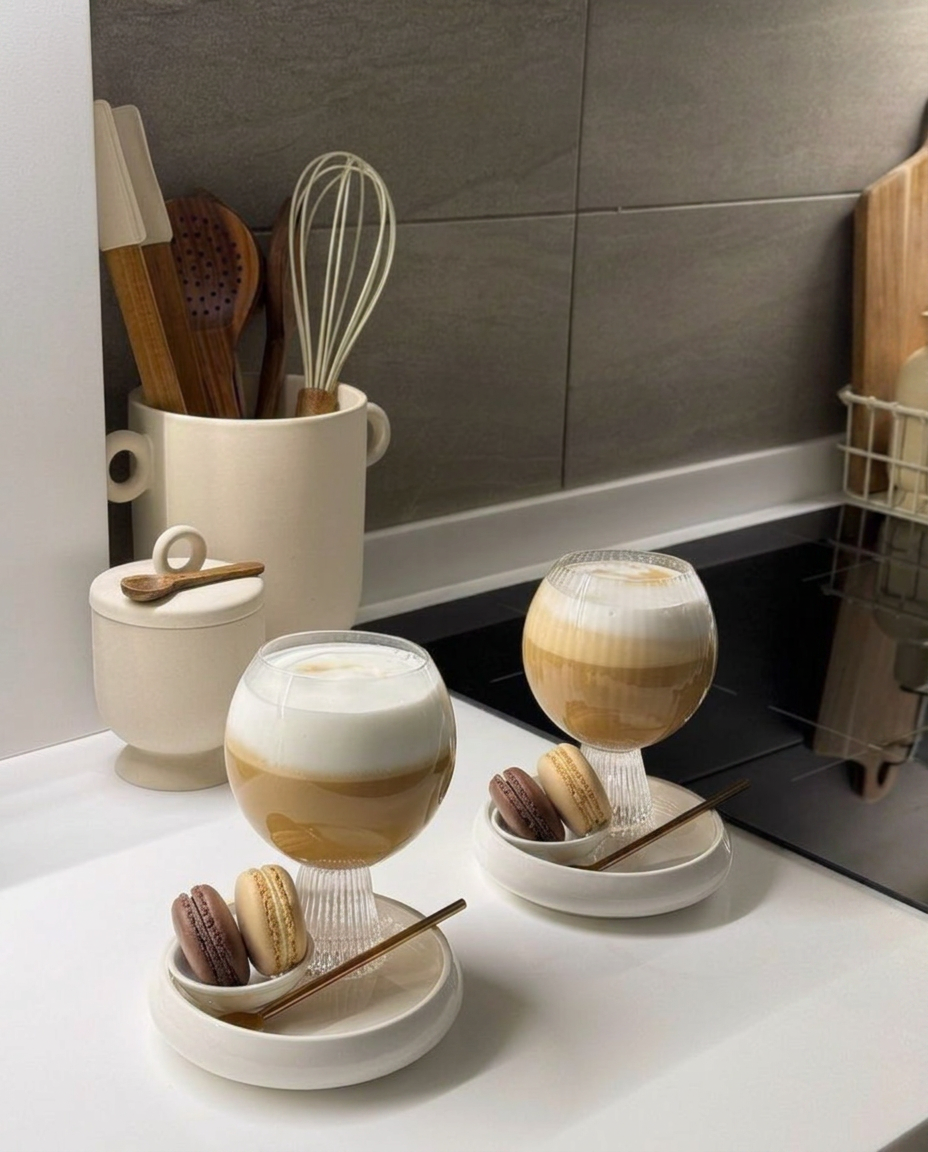 Two footed glass cups of layered latte with macarons on white ceramic saucers