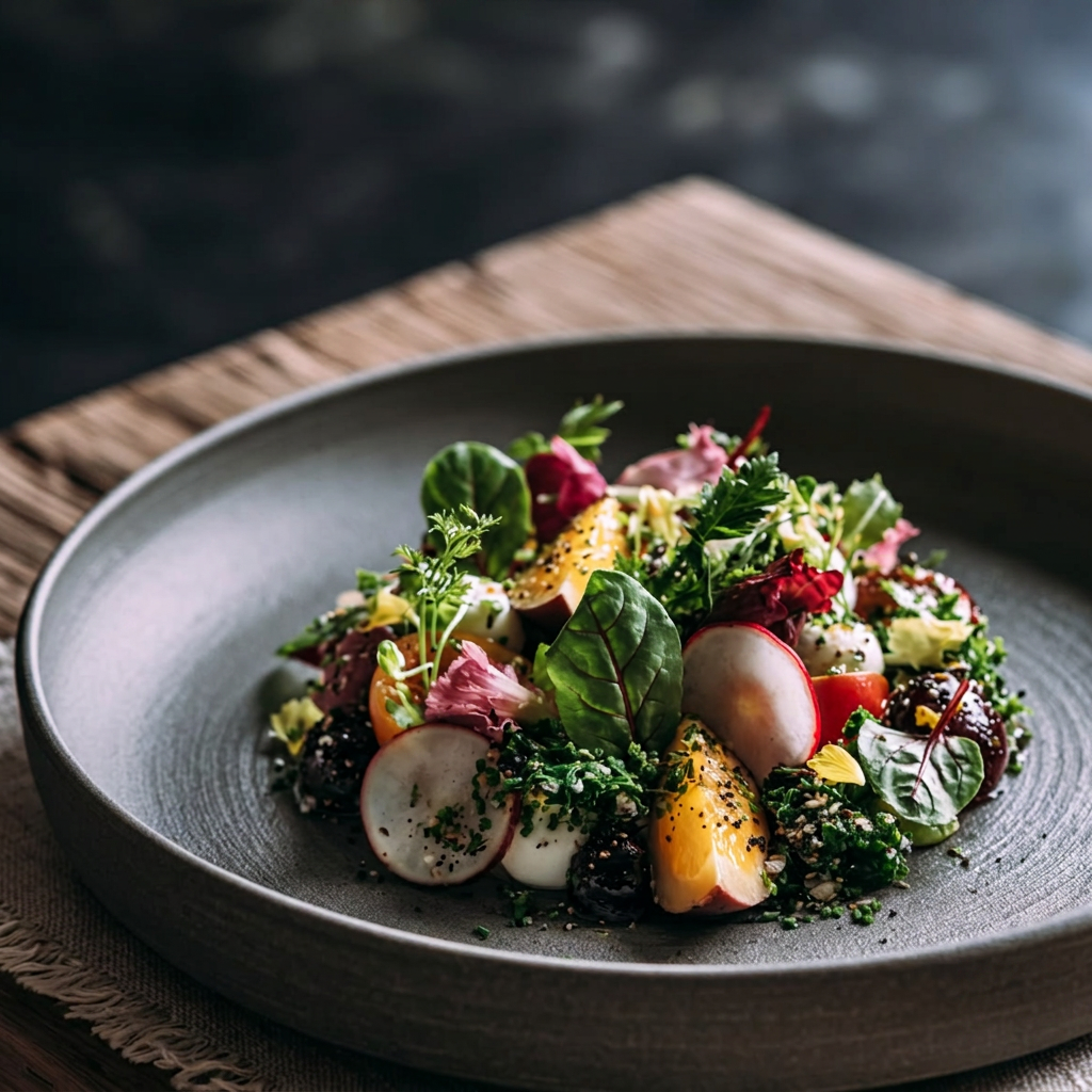 Seasonal leaf and radish salad plated on a wide charcoal ceramic bowl