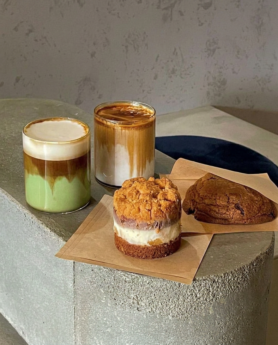 Layered matcha latte and iced dirty latte in branded glasses beside a cookie sandwich on a concrete counter