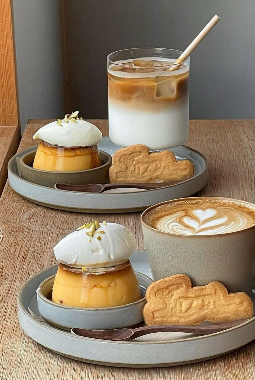 Caramel flan with cream and pistachio, iced latte, and a flat white on stoneware trays
