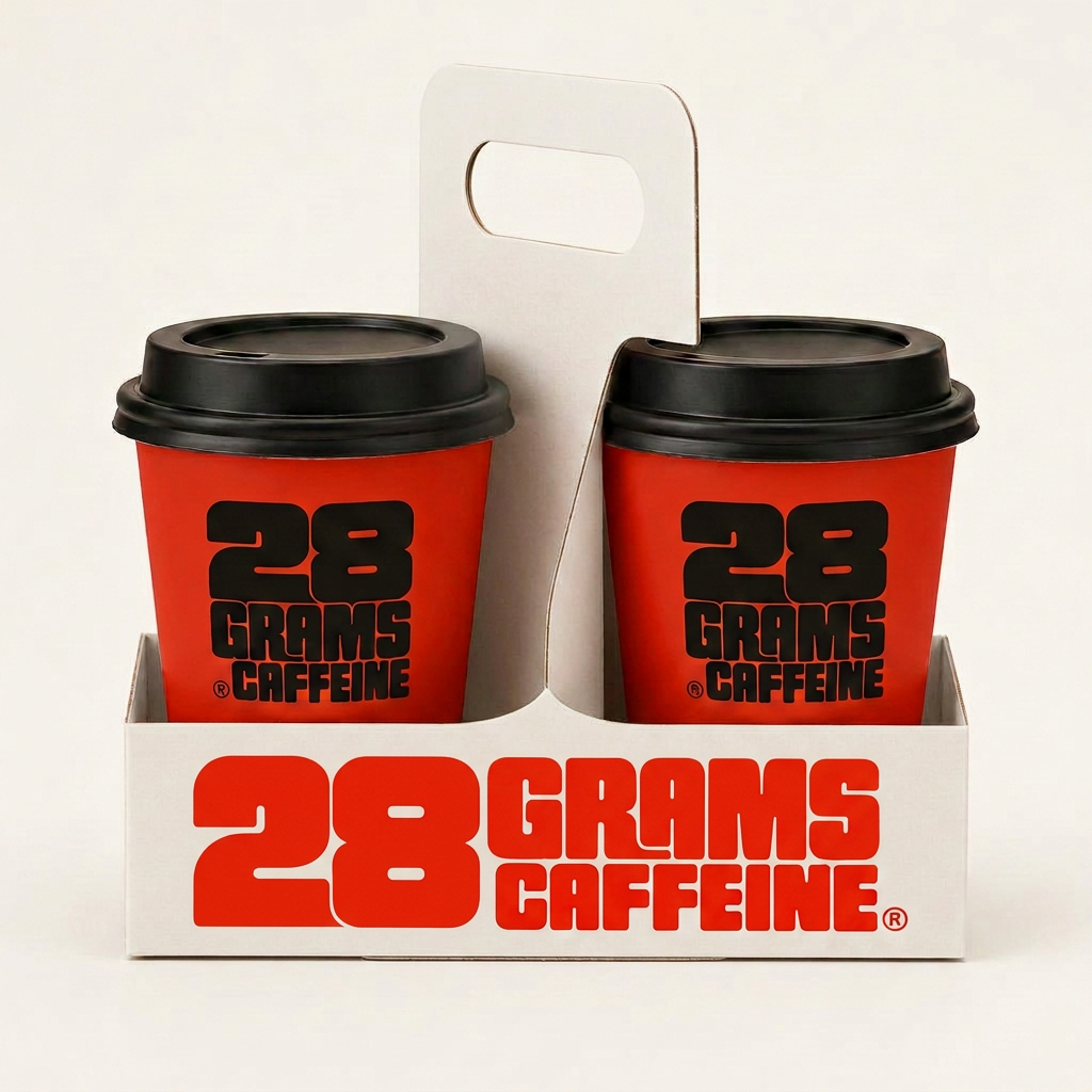Two vermilion 28 Grams Caffeine paper cups in a branded red carrier box with handle