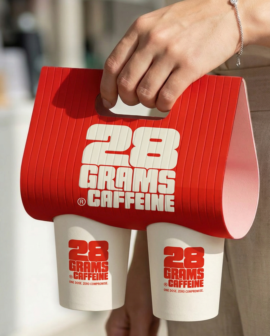 Hand carrying two off-white 28 Grams Caffeine paper cups in a ribbed vermilion carrier stamped with the logo