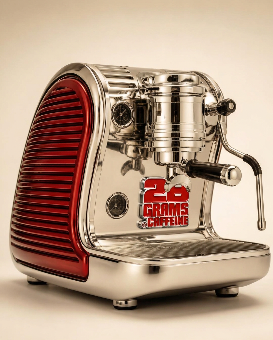 Chrome and vermilion retro-futuristic espresso machine pulling a shot
