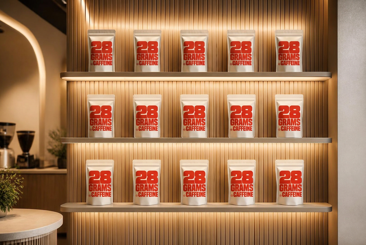 Fluted wooden café shelves lined with fifteen off-white 28 Grams Caffeine coffee bags in vermilion print